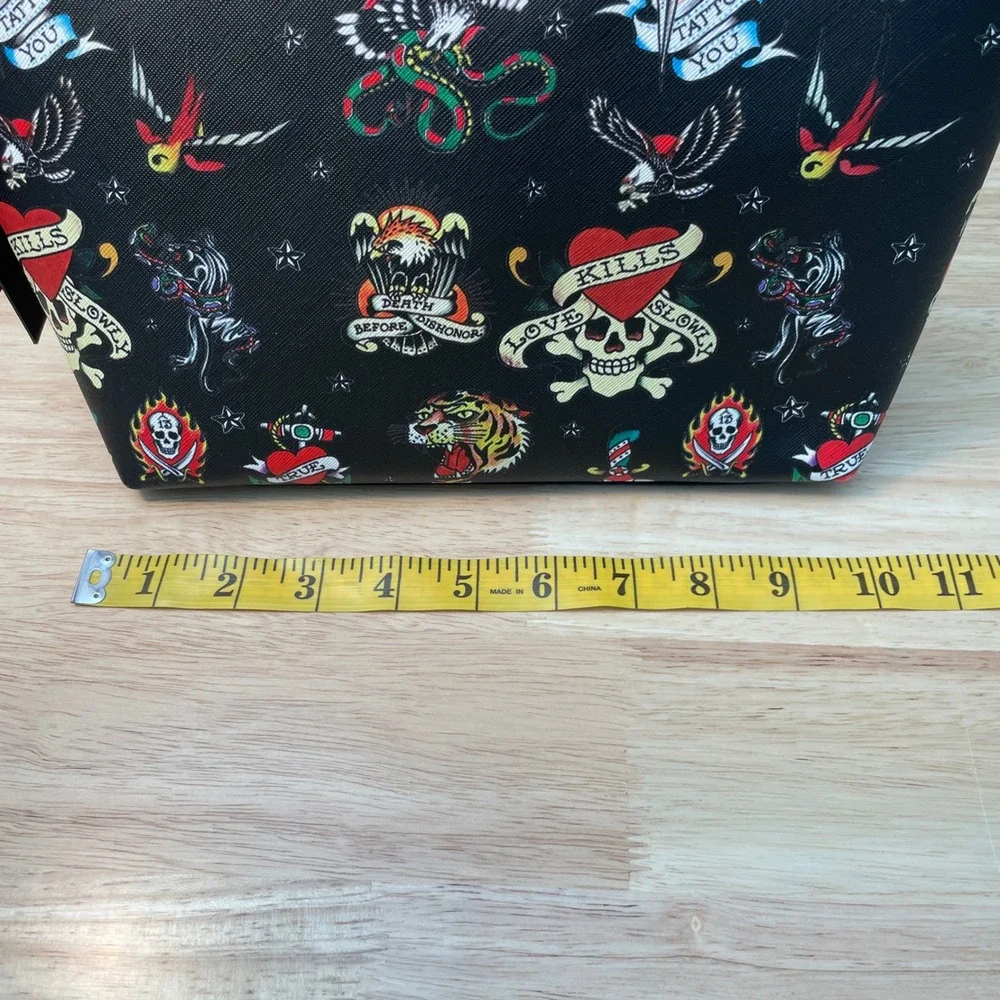 Ed Hardy Tattoo Print‎ Cosmetic Case Black Vegan Leather Makeup Bag New